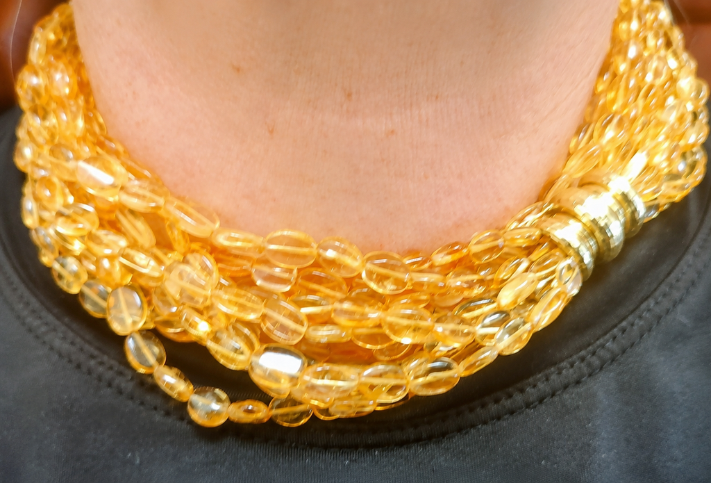 Vintage 18K Gold MAZ Hammered Clasp Citrine Multi Strand Necklace 10 Strand 195.6g