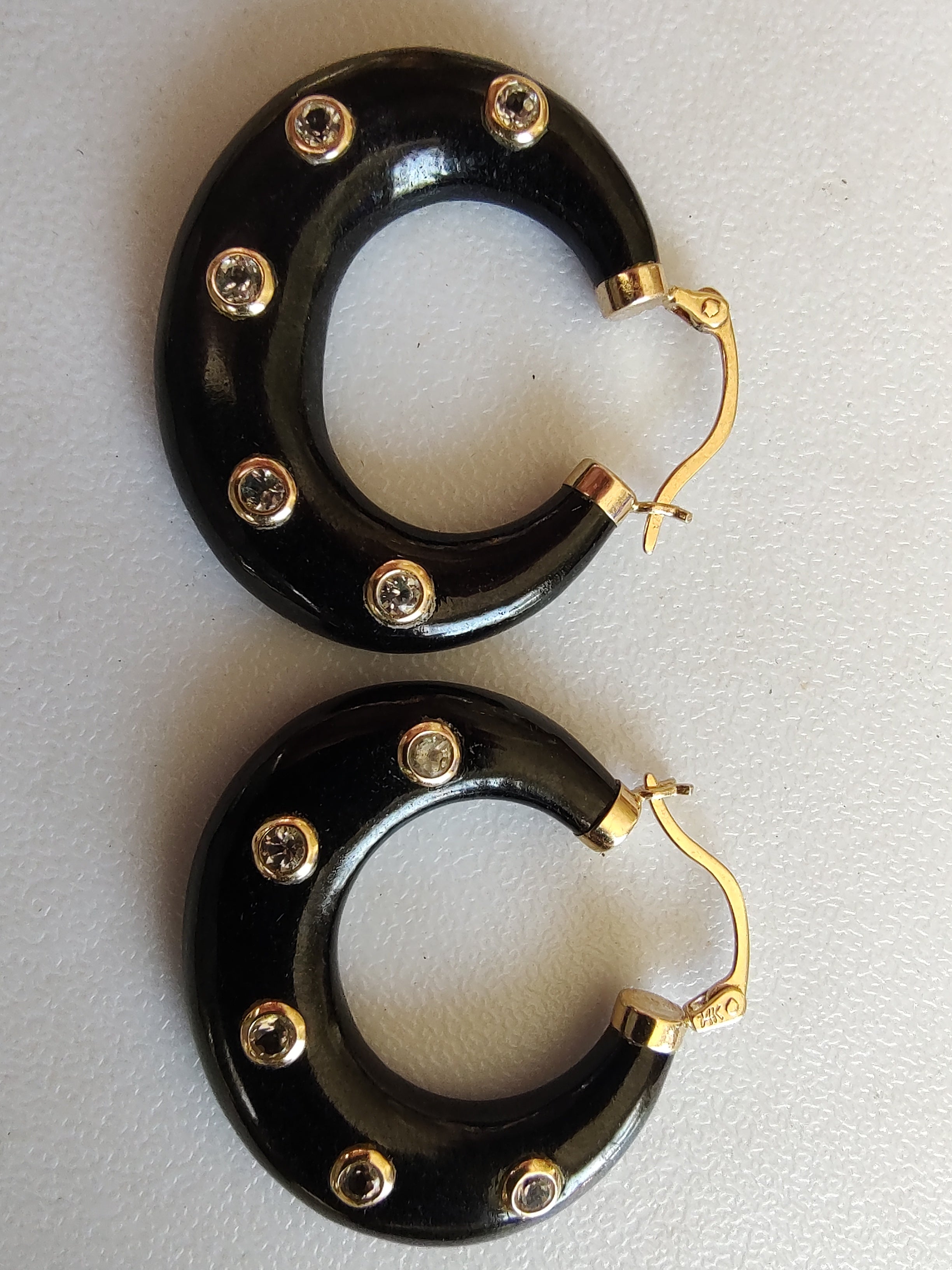 Heavy 14K Gold Black Onyx Hoop Earrings – 14g – Vintage Statement – Elegant Designer Style