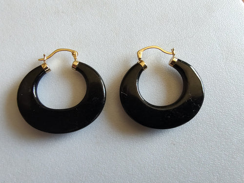 Heavy 14K Gold Black Onyx Hoop Earrings – 14g – Vintage Statement – Elegant Designer Style