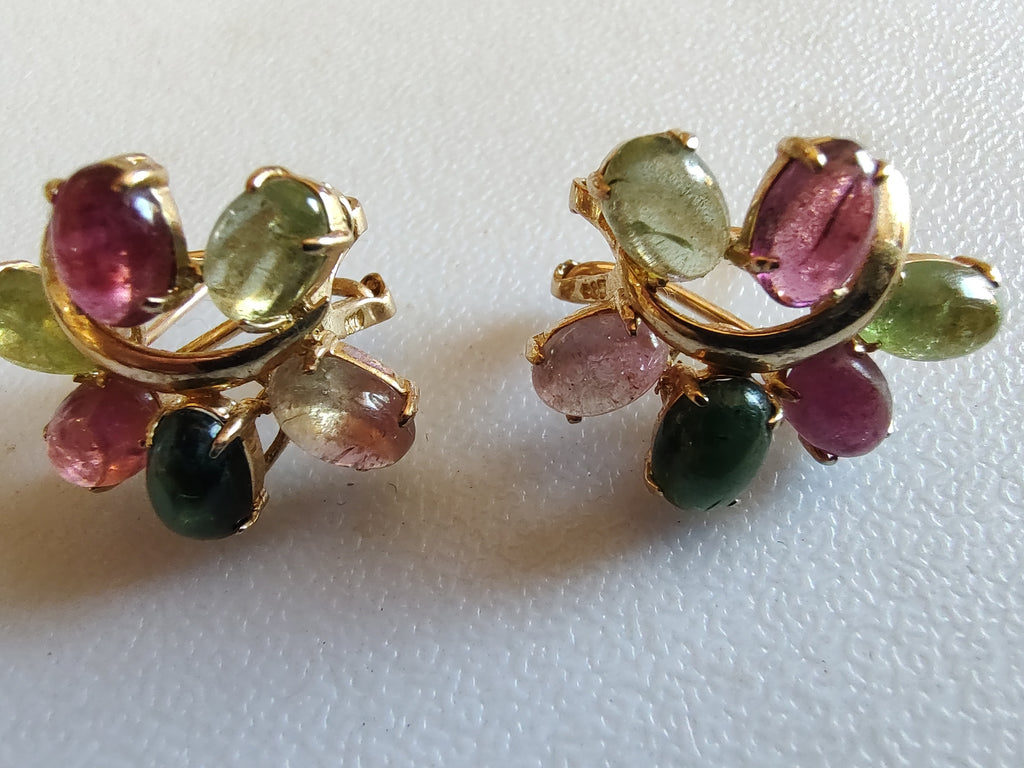 Mid Century Modern 14K Gold Multi Color Tourmaline Earrings Artisan Cabochon Cluster Estate