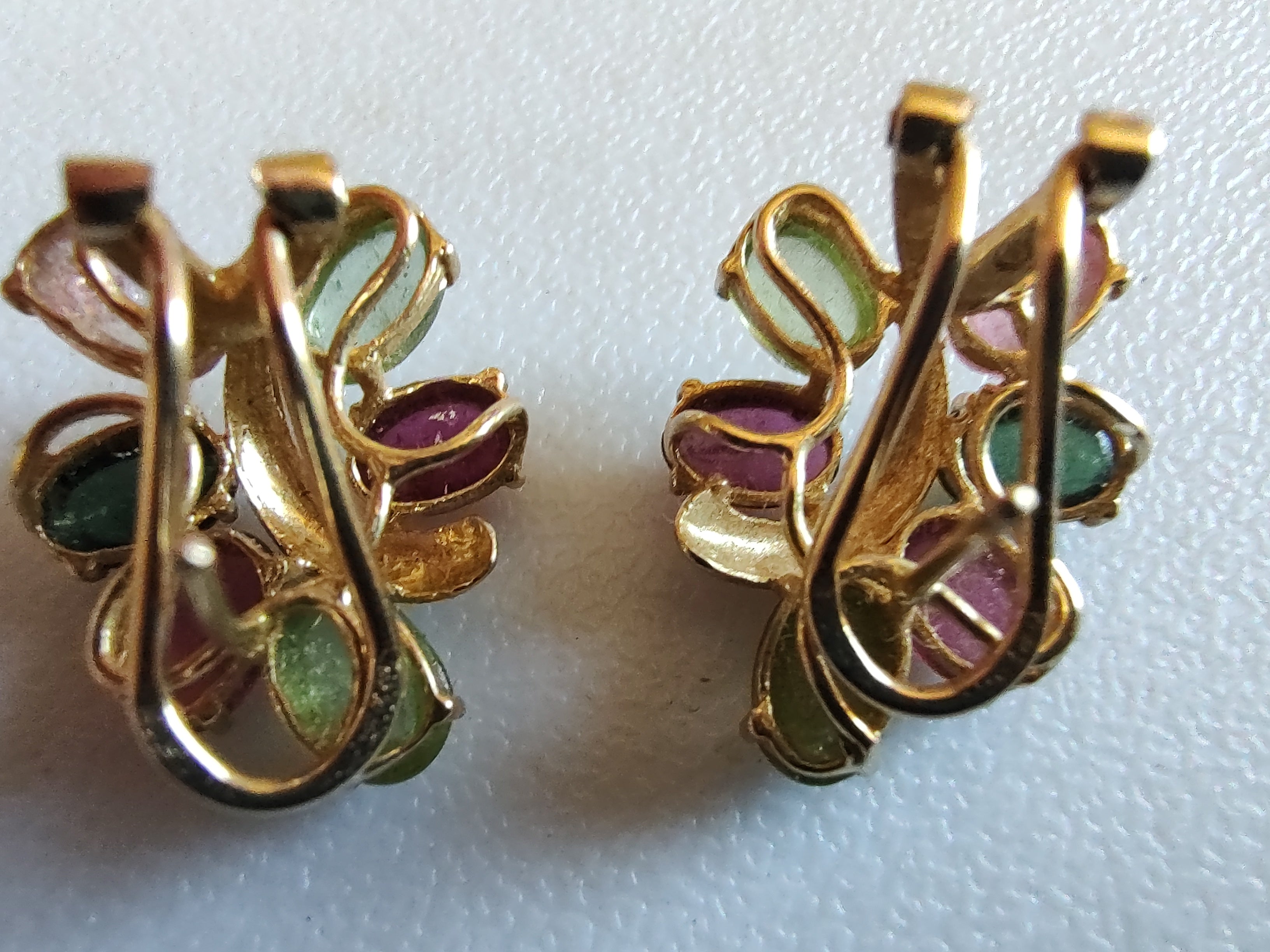 Mid Century Modern 14K Gold Multi Color Tourmaline Earrings Artisan Cabochon Cluster Estate