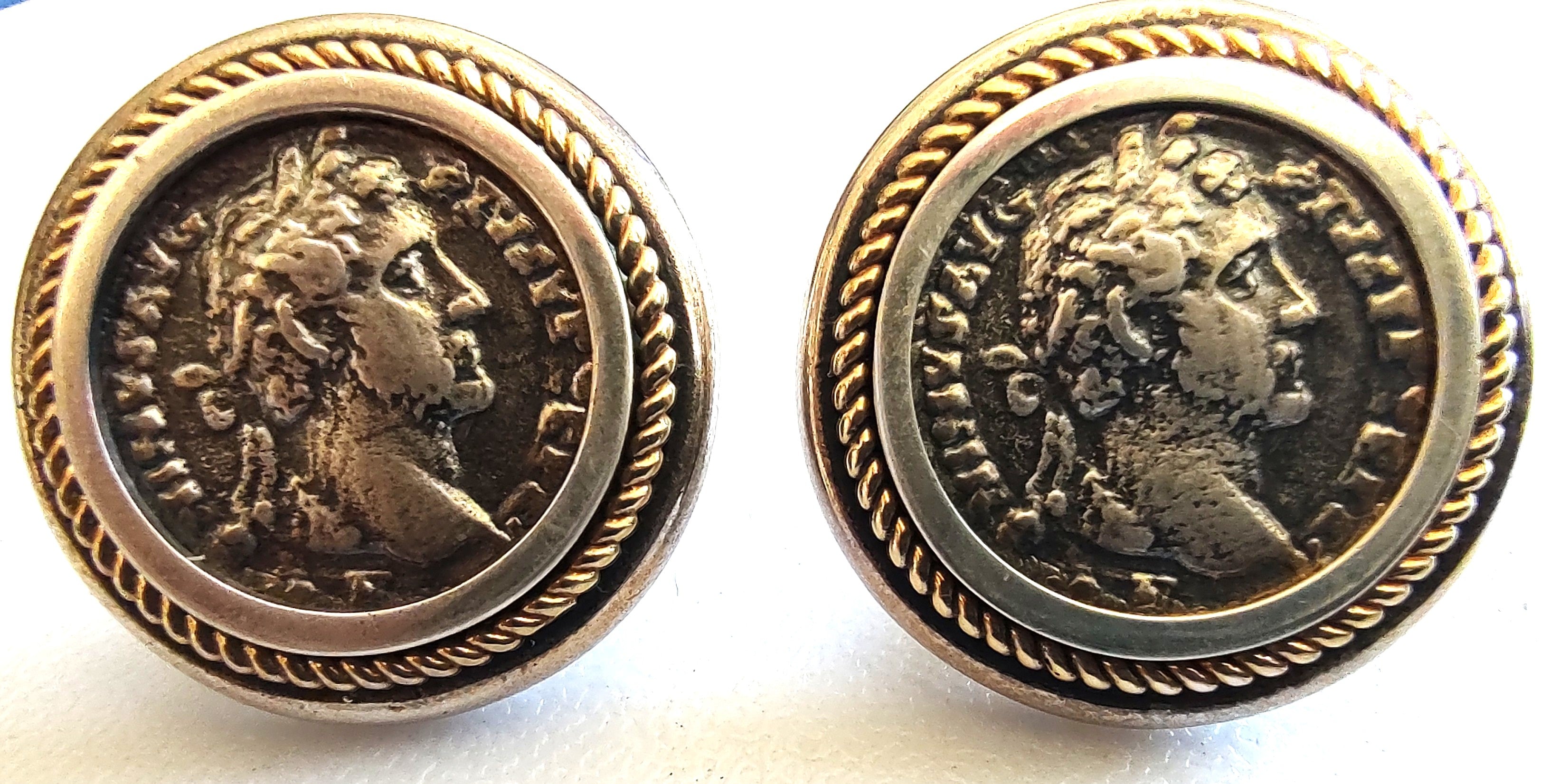 Vintage 14K Gold & Sterling Roman Coin Earrings Omega Back AE Mark 14g