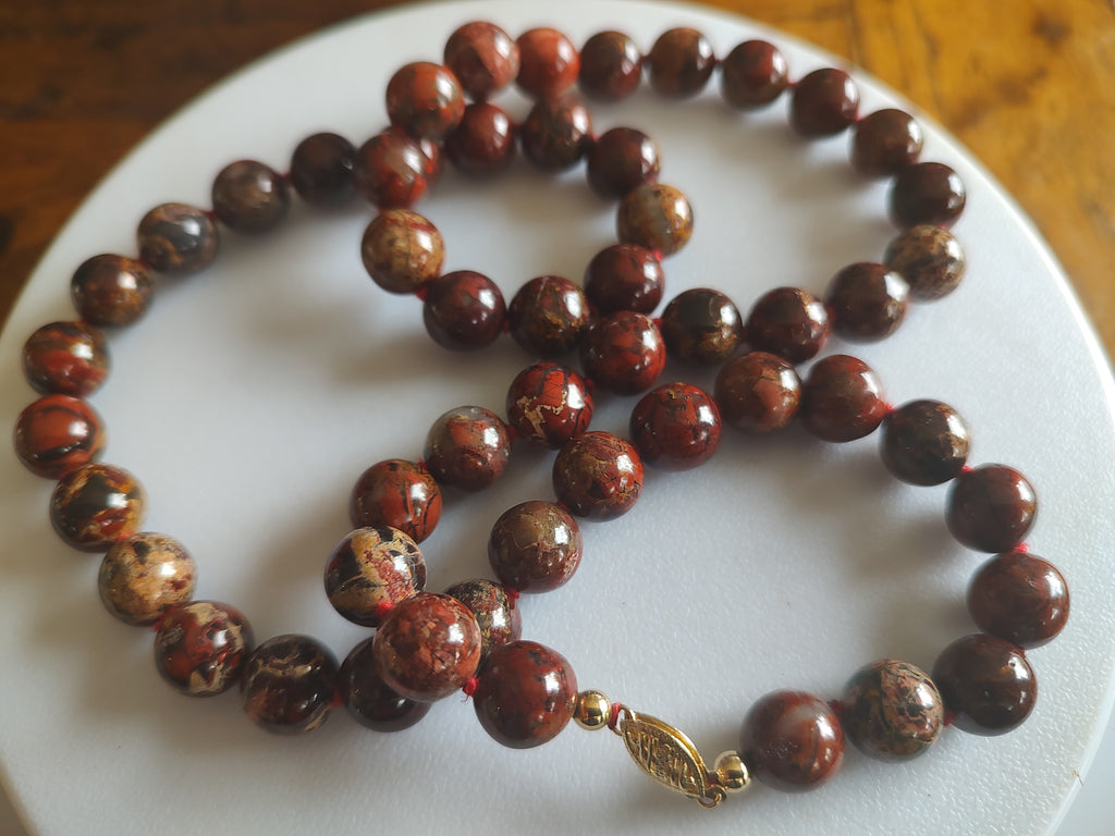 Estate Red Jasper Necklace 22” 85g Large Gemstone Beads 14K Gold Clasp Statement