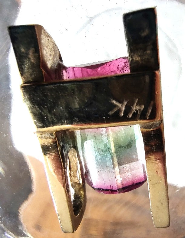 GIA 7Ct Watermelon Tourmaline Pendant 14K Gold Modernist Bi-Color Estate