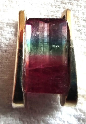 GIA 7Ct Watermelon Tourmaline Pendant 14K Gold Modernist Bi-Color Estate