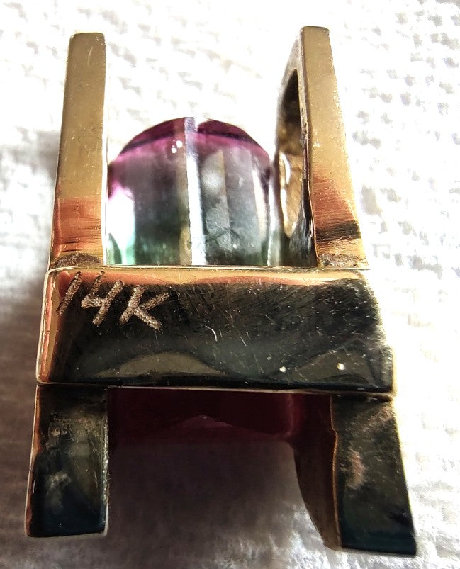 GIA 7Ct Watermelon Tourmaline Pendant 14K Gold Modernist Bi-Color Estate