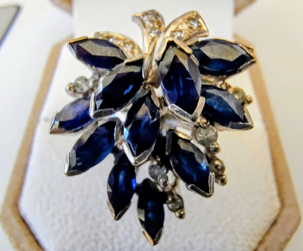 Vintage 18K White Gold Sapphire & Diamond Cocktail Ring Large Floral Cluster 10g