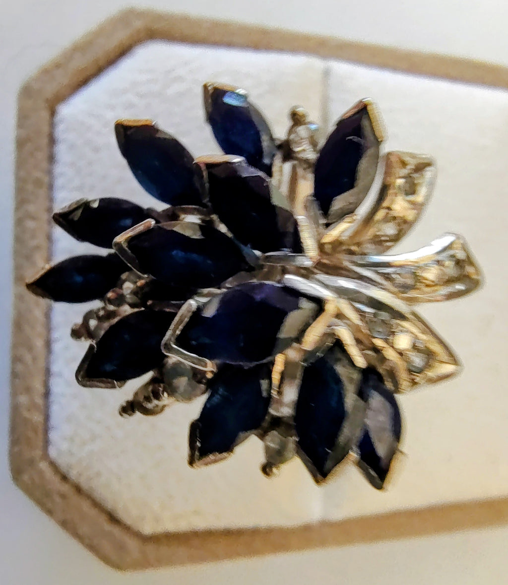 Vintage 18K White Gold Sapphire & Diamond Cocktail Ring Large Floral Cluster 10g