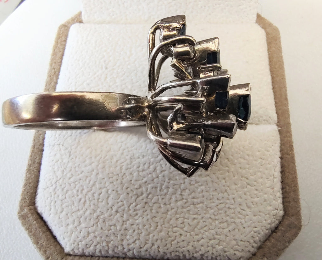 Vintage 18K White Gold Sapphire & Diamond Cocktail Ring Large Floral Cluster 10g