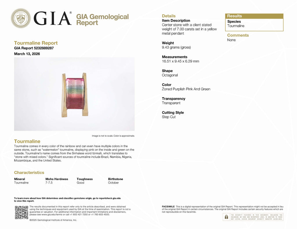 GIA 7Ct Watermelon Tourmaline Pendant 14K Gold Modernist Bi-Color Estate